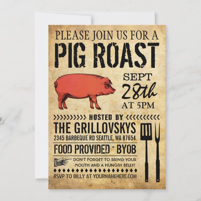 Vintage Rustic Pig Roast Invitation II (Front)