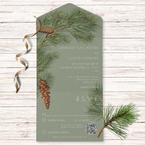 Vintage Rustic Pine Branches Green QR Code All In One Invitation