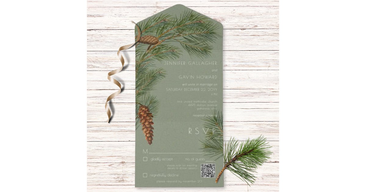 Vintage Rustic Pine Branches Green QR Code All In One Invitation | Zazzle