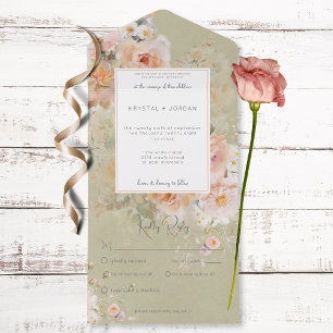 Vintage Rustic Pink & Sage Floral Frame Dinner All In One Invitation