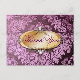 vintage rustic purple damask wedding thank you postcard