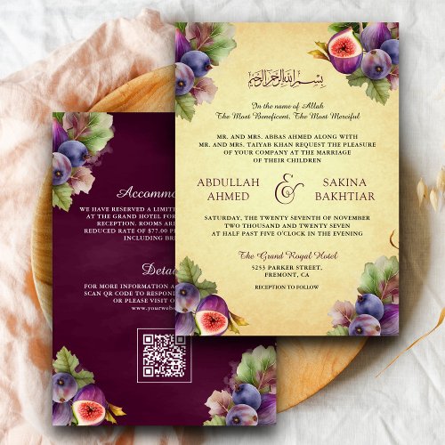 Vintage Rustic Purple Figs QR Code Muslim Wedding Invitation