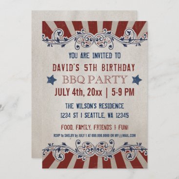 Vintage Rustic Red and Blue Memorial Day Birthday Invitation