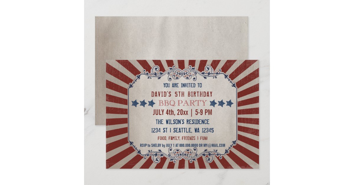 Vintage Rustic Red and Blue Memorial Day Birthday Invitation | Zazzle