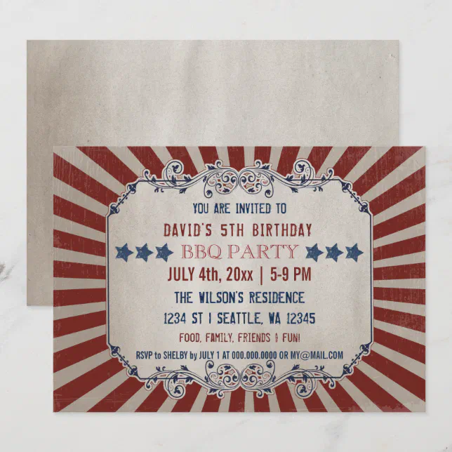 Vintage Rustic Red and Blue Memorial Day Birthday Invitation | Zazzle