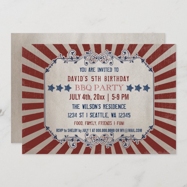 Vintage Rustic Red and Blue Memorial Day Birthday Invitation (Front/Back)