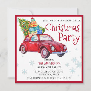 Vintage rustic red betle car with Christmas tree Invitation
