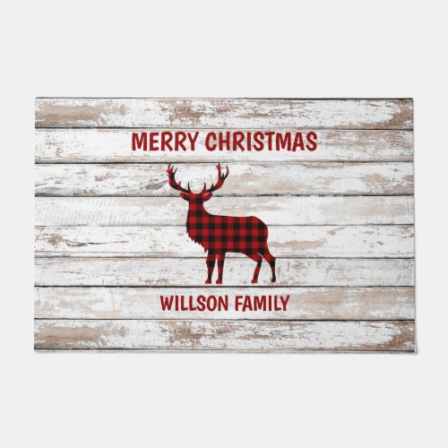 Vintage rustic red black tartan Christmas deer Doormat