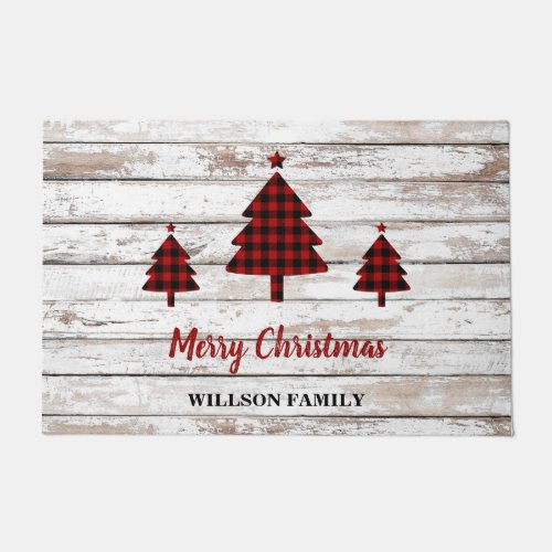 Vintage rustic red black tartan Christmas trees Doormat