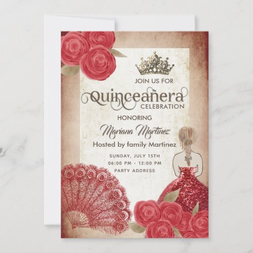 Vintage rustic red hand fan roses tiara Quince  In Invitation