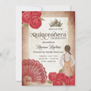 Vintage rustic red hand fan roses tiara Quince Invitation