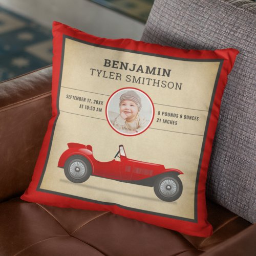 Vintage Rustic Red Race Car Baby Photo Birth Stats Throw Pillow