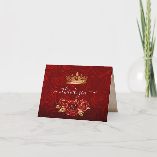 Vintage Rustic Red Roses Gold Crown Folded Thank You Card (Front)