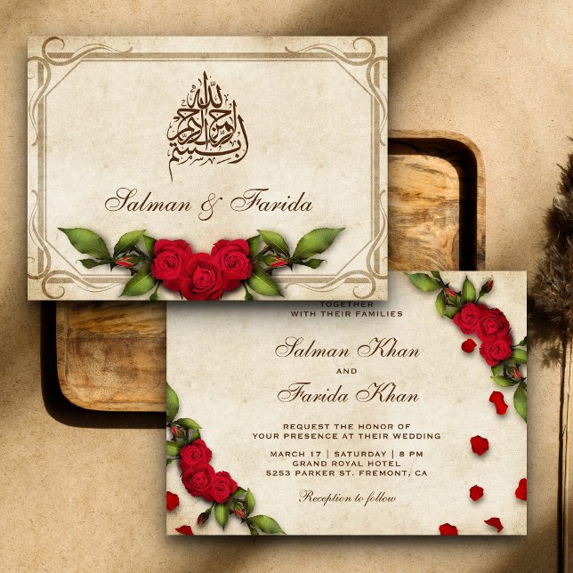 Vintage Rustic Red Roses Islamic Muslim Wedding Invitation (Creator Uploaded)
