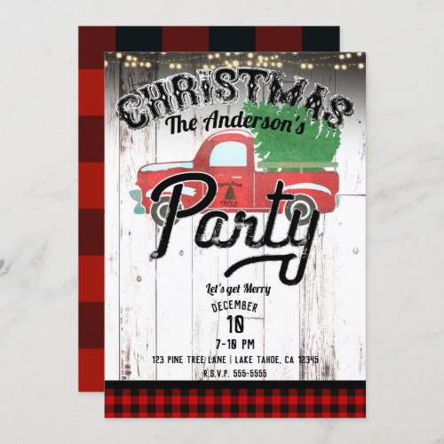 Vintage Rustic Red Truck Red Plaid Christmas Party Invitation