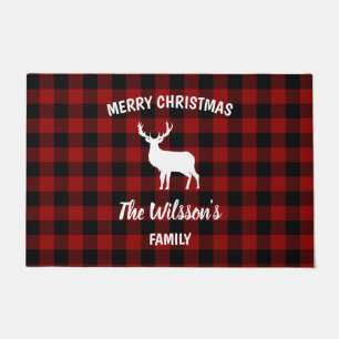 Vintage rustic retro red tartan deer Christmas Doormat