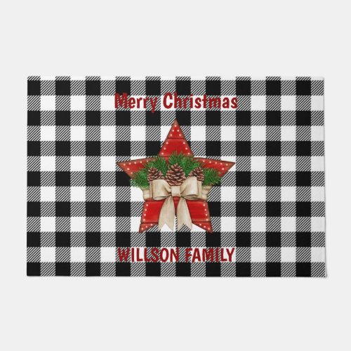 Vintage rustic retro tartan wooden Christmas star  Doormat