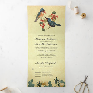 Vintage Rustic Romantic Birds Couple Wedding Tri-Fold Invitation