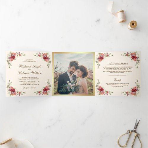 Vintage Rustic Romantic Floral Photo Wedding Tri_Fold Invitation