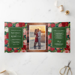 Vintage Rustic Romantic Red Roses Photo Wedding Tri-Fold Invitation