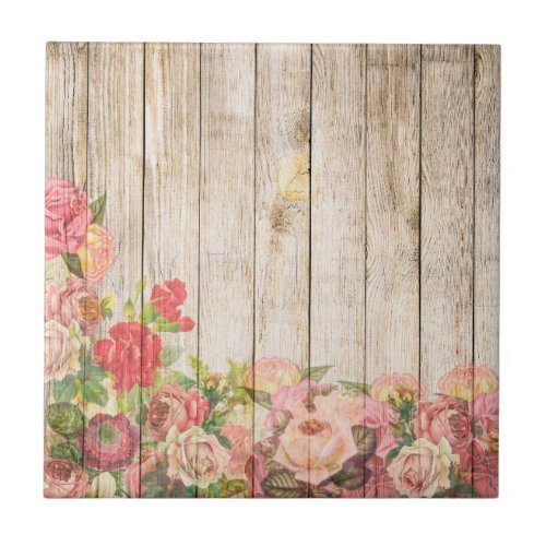 Vintage Rustic Romantic Roses Wood Ceramic Tile