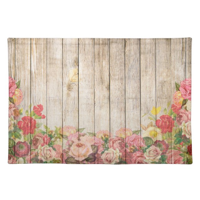 Vintage Rustic Romantic Roses Wood Cloth Placemat (Front)