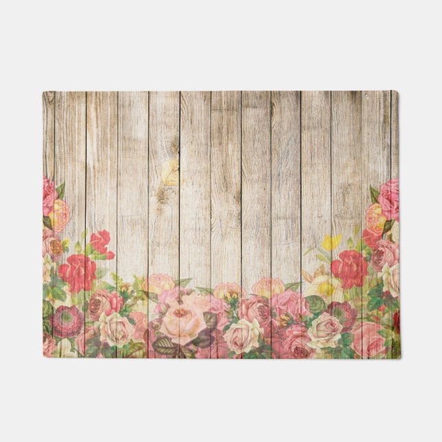Vintage Rustic Romantic Roses Wood Doormat (Front)