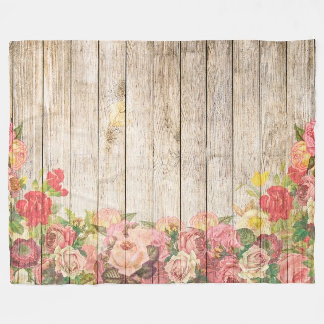 Vintage Rustic Romantic Roses Wood Fleece Blanket (Front (Horizontal))