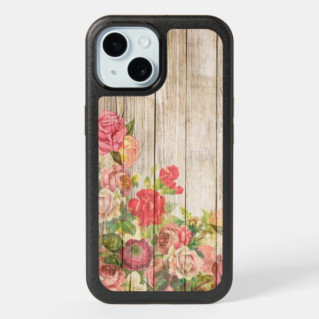 Vintage Rustic Romantic Roses Wood iPhone 15 Case (Back)