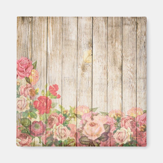 Vintage Rustic Romantic Roses Wood Magnet (Front)