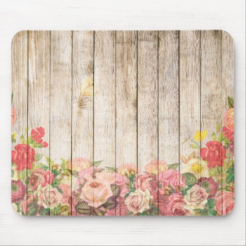 Vintage Rustic Romantic Roses Wood Mouse Pad