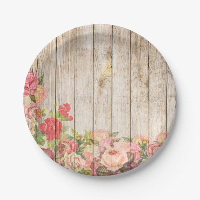 Vintage Rustic Romantic Roses Wood Paper Plates (Front)