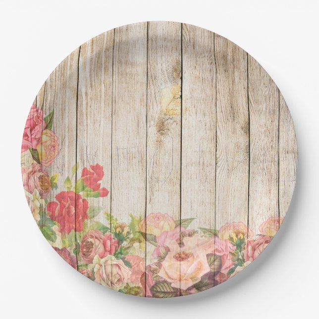 Vintage Rustic Romantic Roses Wood Paper Plates (Front)
