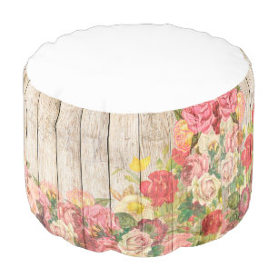 Vintage Rustic Romantic Roses Wood Pouf