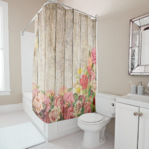 Vintage Rustic Romantic Roses Wood Shower Curtain
