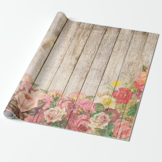 Vintage Rustic Romantic Roses Wood Wrapping Paper