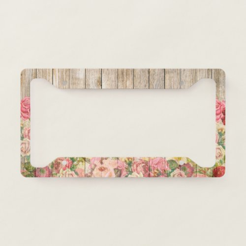 Vintage Rustic Romantic Roses Wooden Plank License Plate Frame