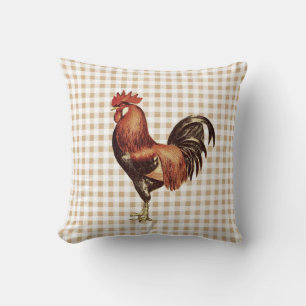 Vintage Rustic Rooster on Beige Gingham Plaid Throw Pillow