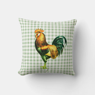 Vintage Rustic Rooster on Sage Gingham Plaid Throw Pillow