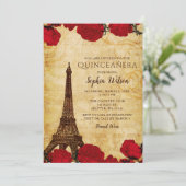 Vintage Rustic Roses Eiffel Tower Quinceañera   Invitation (Standing Front)