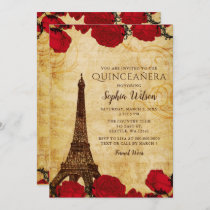 Vintage Rustic Roses Eiffel Tower Quinceañera   Invitation