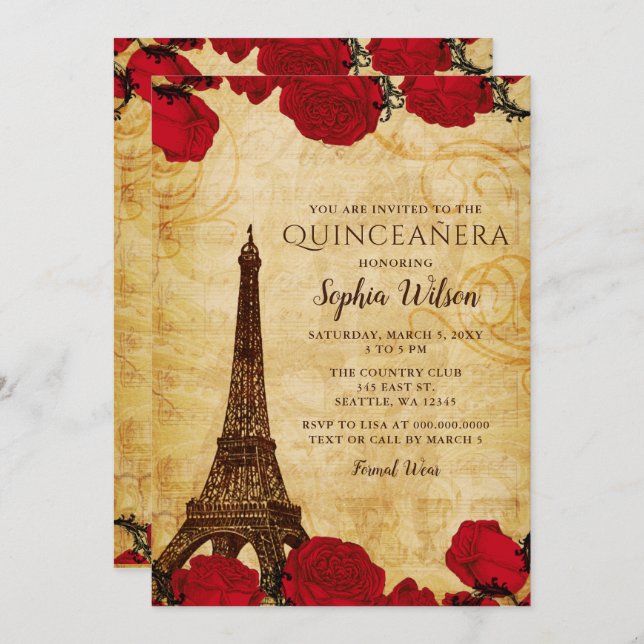 Vintage Rustic Roses Eiffel Tower Quinceañera   Invitation (Front/Back)