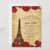 Vintage Rustic Roses Eiffel Tower Quinceañera   Invitation (Front)