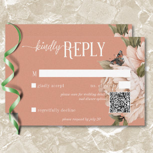 Vintage Rustic Rust & Peach Peonies QR Code RSVP Card