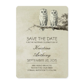 Vintage rustic save the date cards with OWL couple