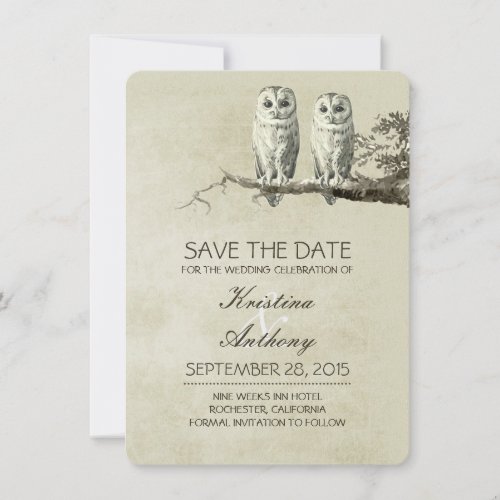 Vintage rustic save the date cards with OWL couple