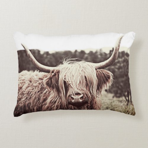 Vintage Rustic Scottish Highland Longhorn Cow  Accent Pillow
