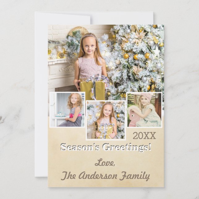 Vintage Rustic Simple Gold Collage Photo Holiday Card (Front)