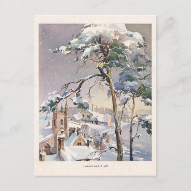 Vintage Rustic Snowy Winter Chistmas Village Postcard (Front)