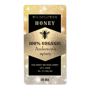 Vintage rustic sparkle gold logo bee honey jar label